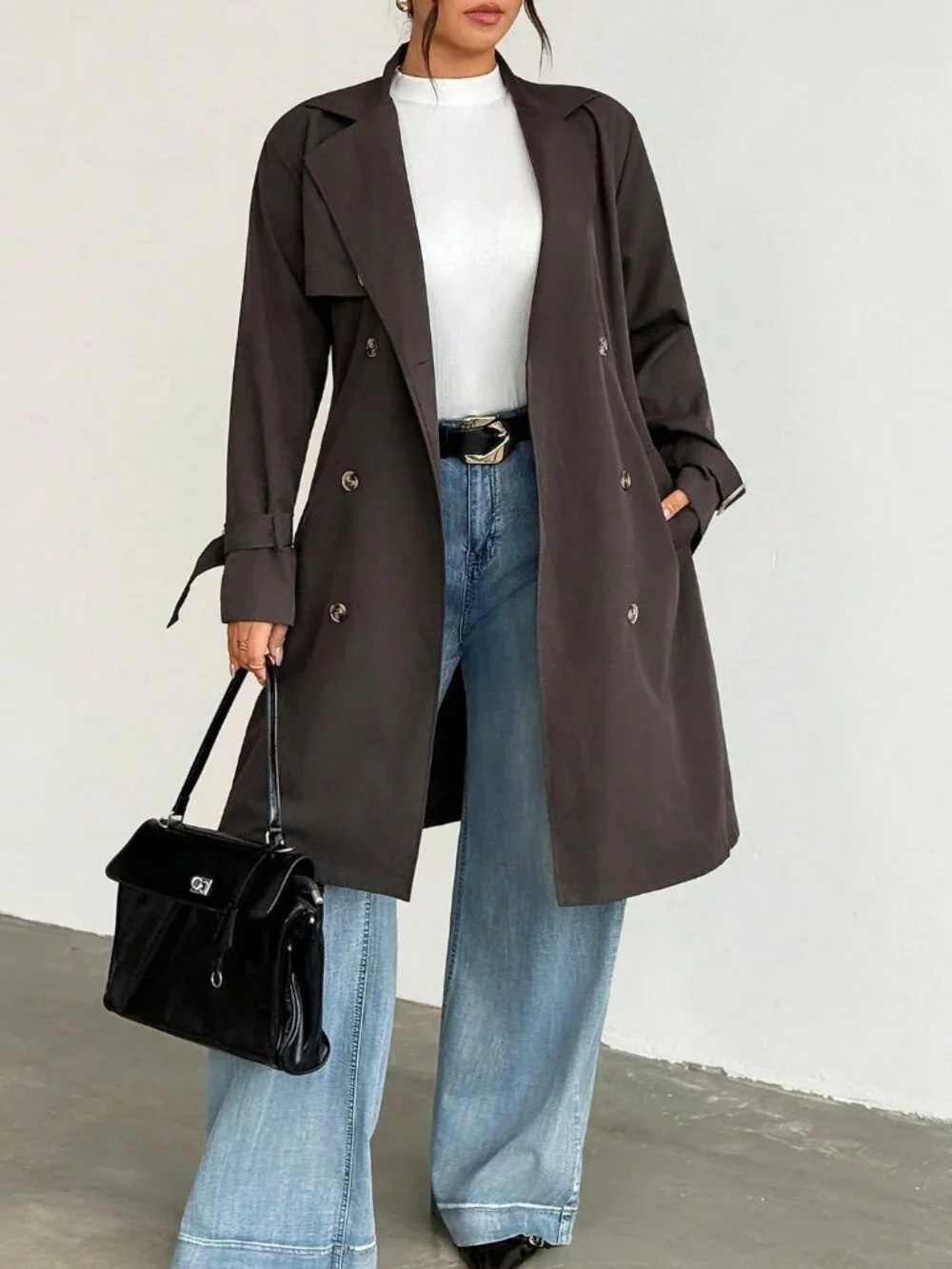Coffee Brown Casual Women's Plus Size Trench Coat Jacket